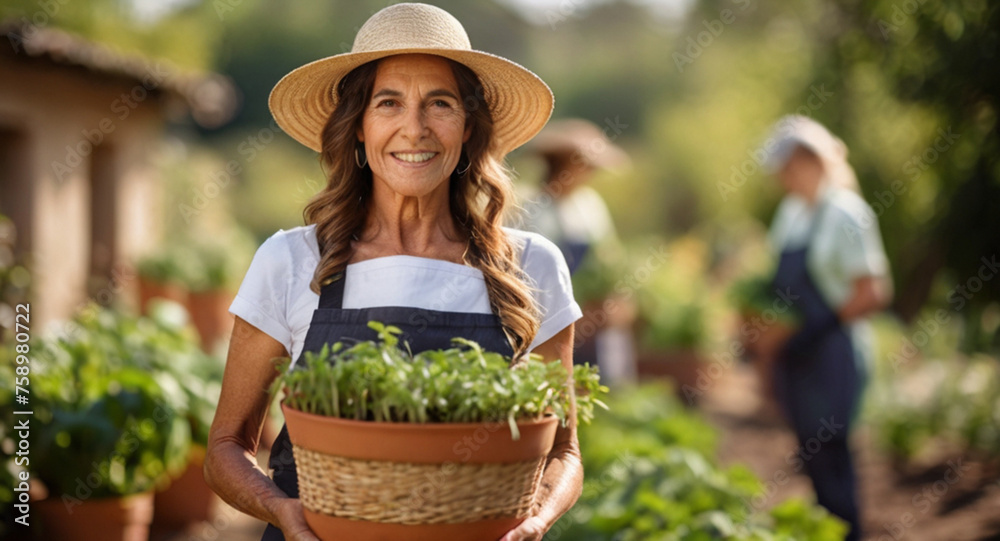Portrait of female gardener with straw hat and apron holding seedlings in pot with idyllic garden in the background