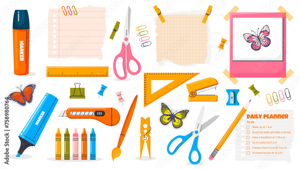 School stationery elements and ripped paper notes, strips, stickers. Lovely Photo Frame. Scissors, pen, pencil, marker, ruler and other school supplies. Vector scrapbooking set. School stationery elements and ripped paper notes, strips, stickers. Lovely Photo Frame. Scissors, pen, pencil, marker, ruler and other school supplies. Vector scrapbooking set.