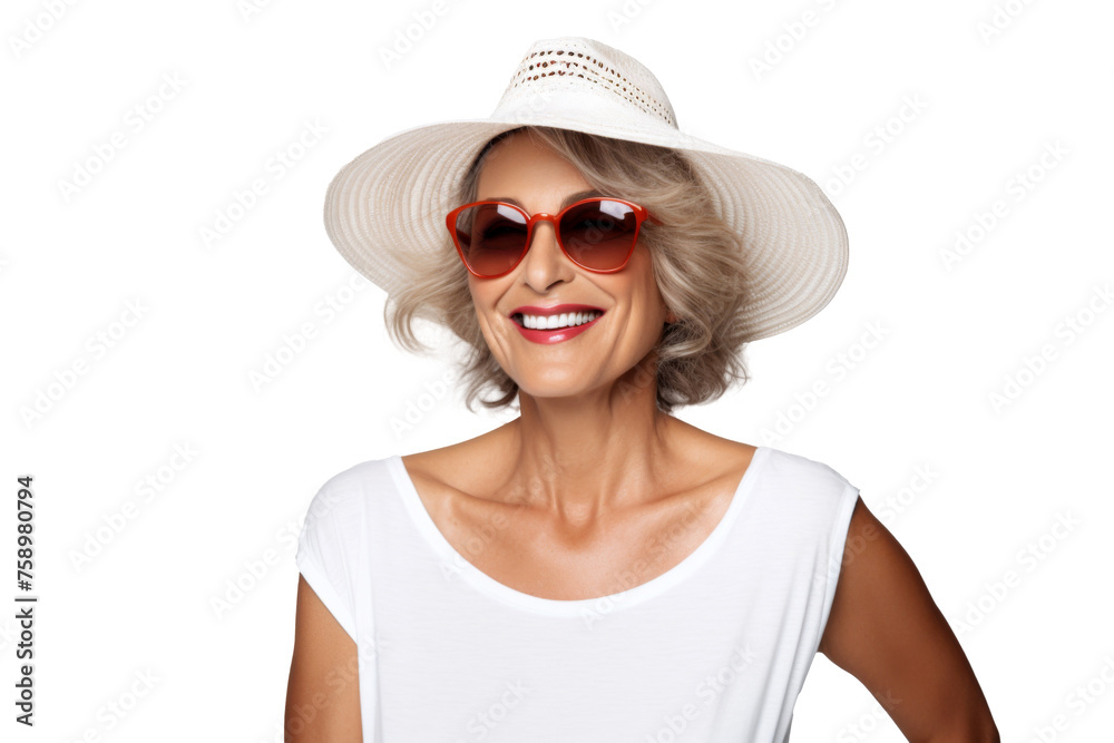 Portrait happy woman with summer holiday beach outfits isolated on transparent background for realax at beach on vacation, travel and holidays vacation concept.