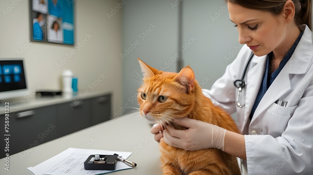 A knowledgeable veterinarian administers a vaccine to a stunning orange tabby cat at a modern veterinary clinic. A knowledgeable veterinarian administers a vaccine to a stunning orange tabby cat at a modern veterinary clinic.