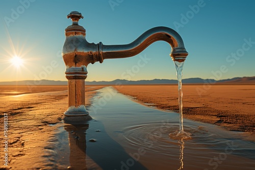 A chrome tap sticks out of the golden desert sand. The water flowing from the spout creates a small stream and depressions around it. photo