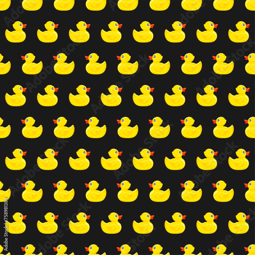 yellow rubber duck on black background. Seamless pattern. Texture for fabric, wrapping, wallpaper. Decorative print.Vector illustration	