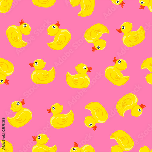 yellow rubber duck on pink background. Seamless pattern. Texture for fabric, wrapping, wallpaper. Decorative print.Vector illustration	