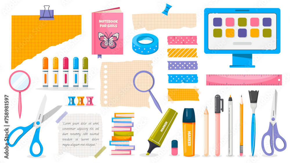 Huge set of ripped paper note, strip, sticker, tape. Notebook page scraps. School stationery elements. Scissors, pen, pencil, marker, ruler and other school supplies. Vector scrapbooking set. Huge set of ripped paper note, strip, sticker, tape. Notebook page scraps. School stationery elements. Scissors, pen, pencil, marker, ruler and other school supplies. Vector scrapbooking set.