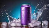 Purple aluminum can mockup with dynamic water splash and ice cubes. Drink package. Refreshing beverage.