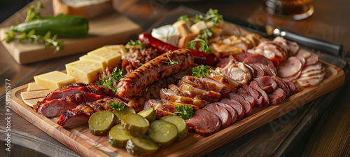Wooden platter with a variety of delicious meats, including sausage and chicken. The plate also includes green peppers, pickles, cheese and slices of ham.