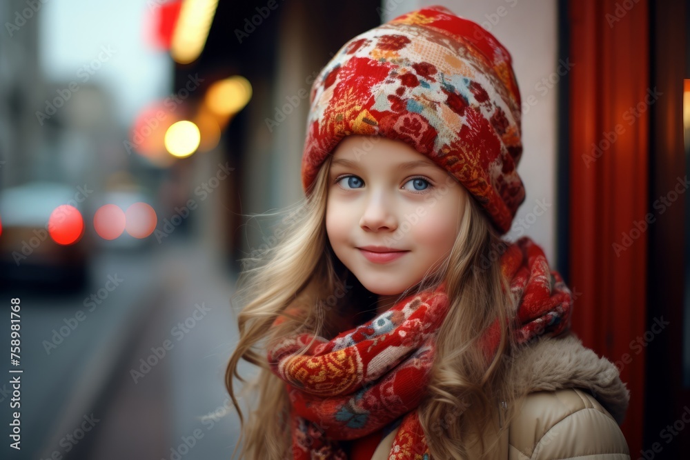 Portrait of a beautiful little girl in a red hat and scarf. Portrait of a beautiful little girl in a red hat and scarf.