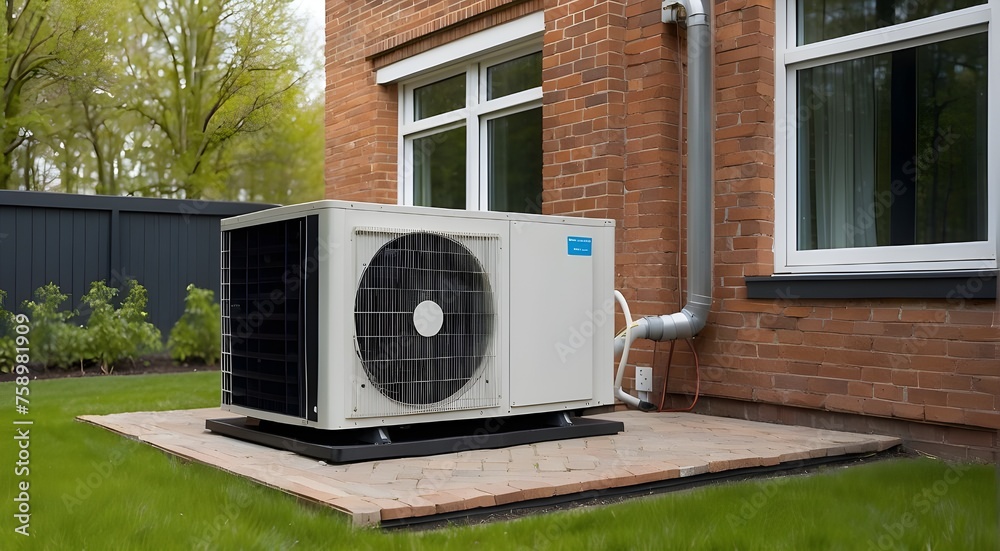 In the spring, an air source heat pump unit is placed outdoors at a contemporary brick residence in the Netherlands. In the spring, an air source heat pump unit is placed outdoors at a contemporary brick residence in the Netherlands.