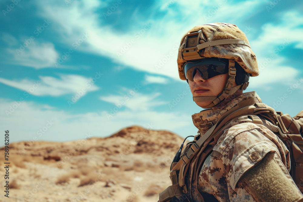 Military soldier standing in the desert under a clear blue sky in the middle of nowhere Military soldier standing in the desert under a clear blue sky in the middle of nowhere