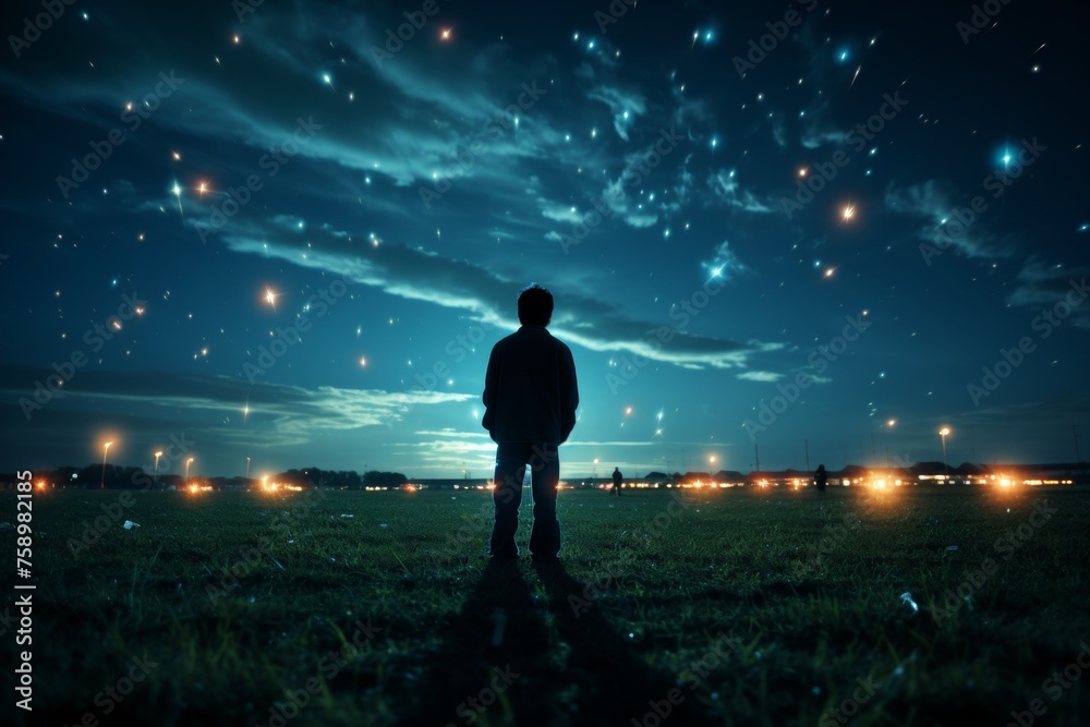 Fototapeta premium Capture the serene beauty of a starry night sky with a full moon shining brightly.