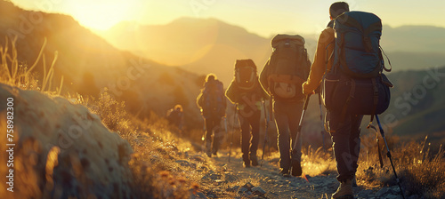 A group of friends are traveling along a mountain trail, enjoying an outdoor activity with their backpacks and travel bags. photo