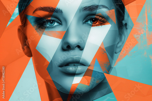 Geometric Fusion Woman's Portrait. Woman's face with geometric shapes in orange and teal tones. © GustavsMD