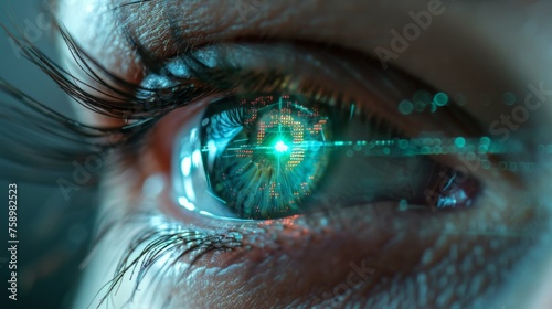 Woman eye with futuristic vision system - Concept of control and security in the accesses technology