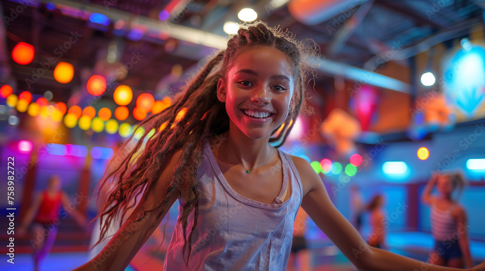 Picture a dynamic scene at a trampoline center, where energetic individuals of all ages leap and flip against a backdrop of bright, neon-colored trampolines. The atmosphere is fill Picture a dynamic scene at a trampoline center, where energetic individuals of all ages leap and flip against a backdrop of bright, neon-colored trampolines. The atmosphere is fill