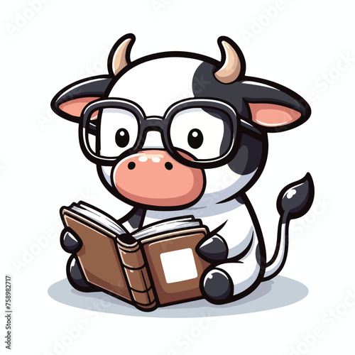 cute baby cow reading book cartoon vector