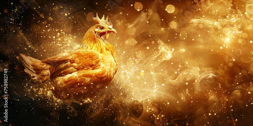 Majestic Rooster with Golden Dust Flying in the Air and Glowing Feathers on Dark Background