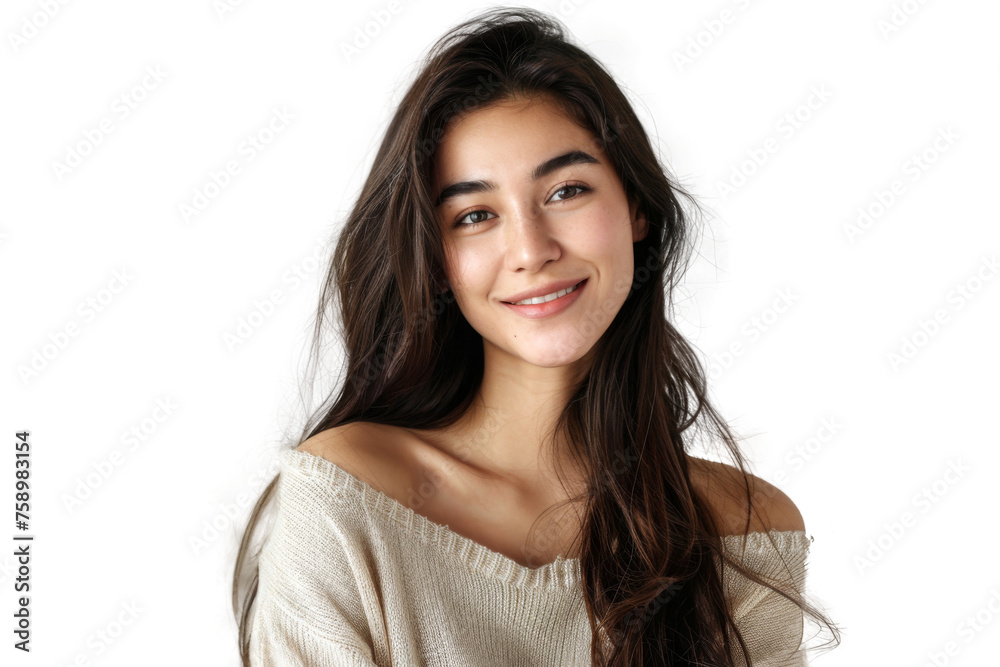 Studio portrait of a beautiful young woman with an attractive smile wearing casual outfits looking at camera, isolated on transparent png background. Studio portrait of a beautiful young woman with an attractive smile wearing casual outfits looking at camera, isolated on transparent png background.