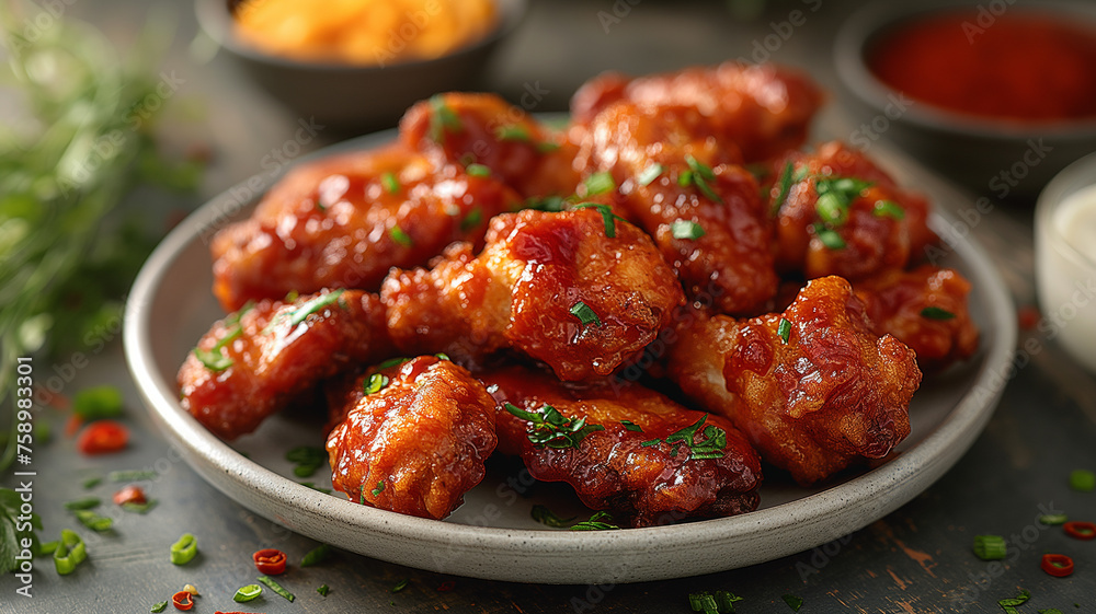 Spicy Glazed Chicken Bites with Garnish Spicy Glazed Chicken Bites with Garnish