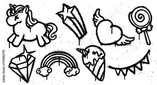 Set of graffiti spray paint Unicorn elements Illustration
