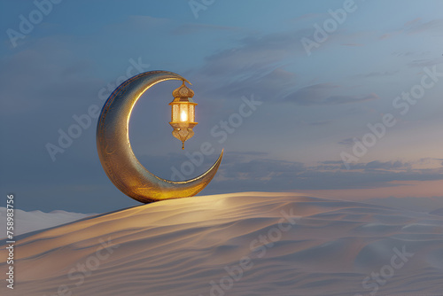 Moon and Arabic lantern on desert dunes, Ramadan