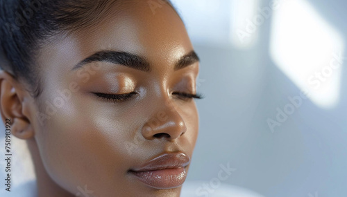 Eyebrow shaping. Eyebrows correction and brow design. Beautiful African American woman face closeup in beauty treatments salon. Beauty makeover facecare rituals. Eyelash extensions. Banner