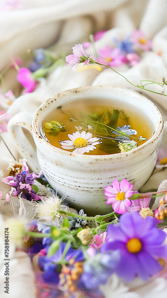 Herbal tea in a rustic mug surrounded by vibrant, colorful flowers; a serene and aesthetic setting evoking calmness, perfect for relaxation and wellness content.