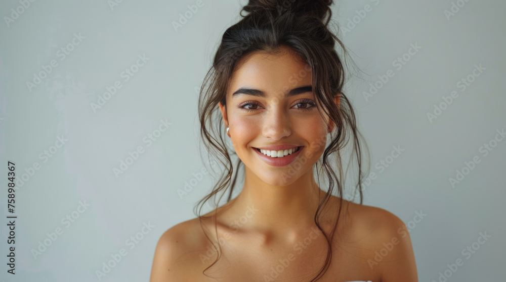 Obraz premium A cheerful young woman stands with her hair tied up and smiles widely against a white background