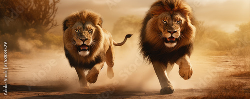 Wild lions running fast.