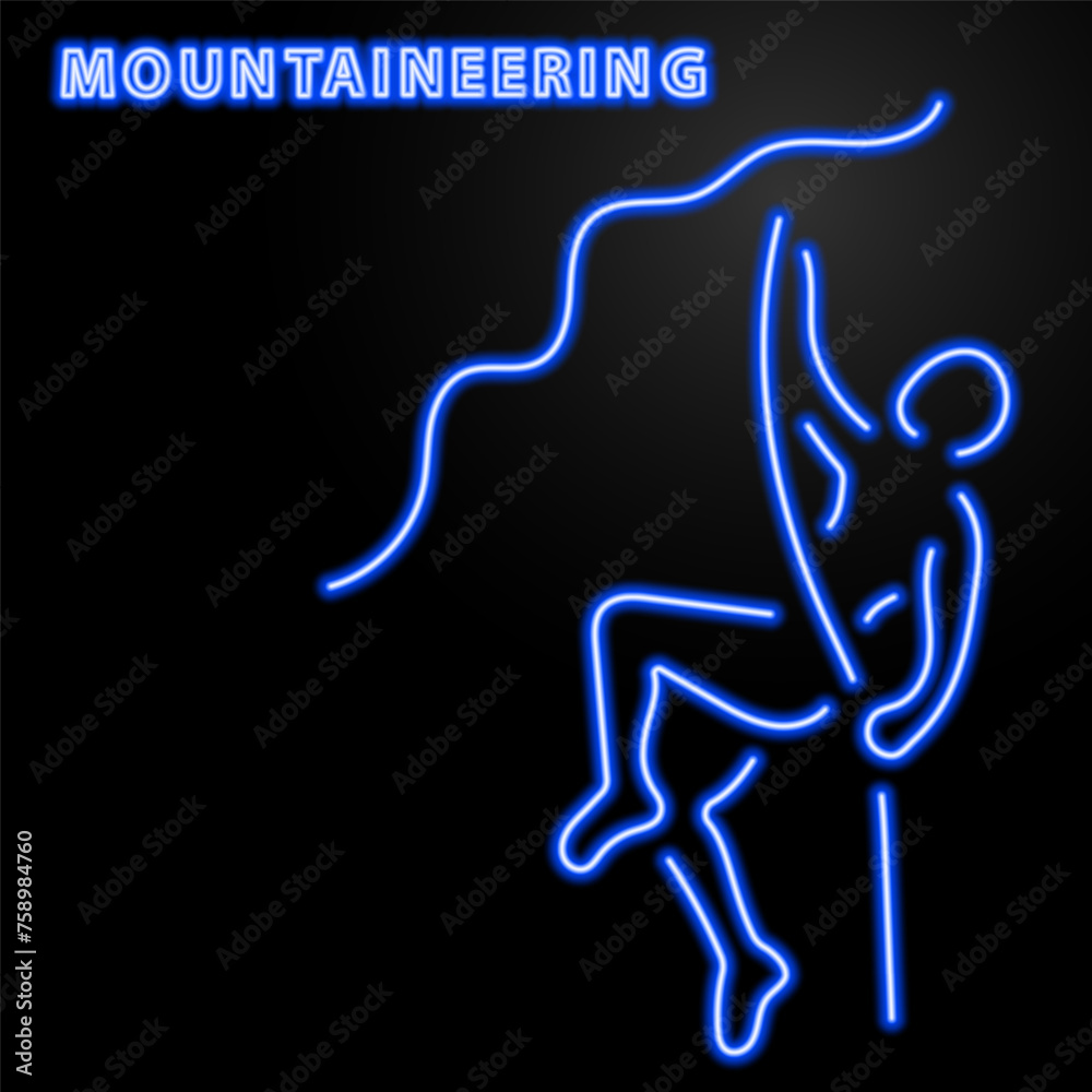 mountaineering neon sign, modern glowing banner design, colorful modern design trend on black background. Vector illustration.