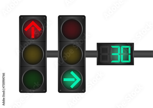 Traffic light with Countdown Timer. Vector Illustration Isolated on White Background. 