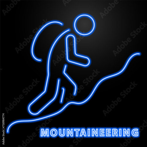 mountaineering neon sign, modern glowing banner design, colorful modern design trend on black background. Vector illustration.