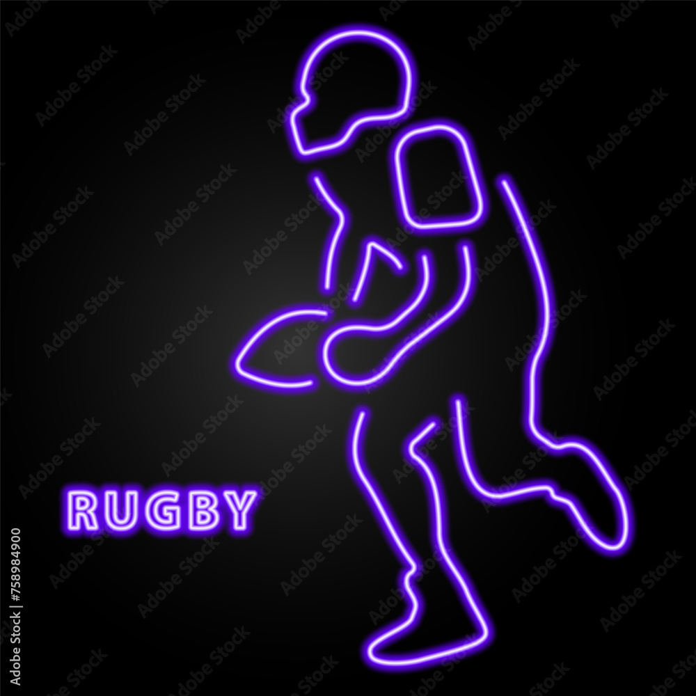 rugby neon sign, modern glowing banner design, colorful modern design trend on black background. Vector illustration.