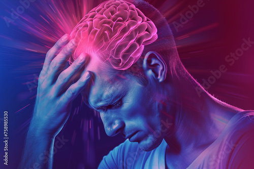 Close-up portrayal of a man experiencing headaches or mental strain with a glowing brain illustration.