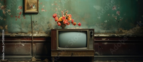 An antique wall featuring a television