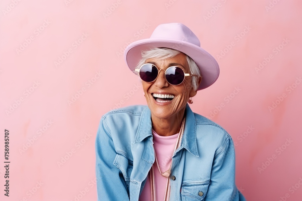 Portrait of a happy senior woman in hat and sunglasses over pink background Portrait of a happy senior woman in hat and sunglasses over pink background