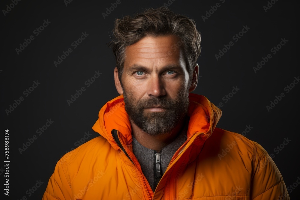 Portrait of a bearded man in an orange jacket. Men's beauty, fashion. Portrait of a bearded man in an orange jacket. Men's beauty, fashion.
