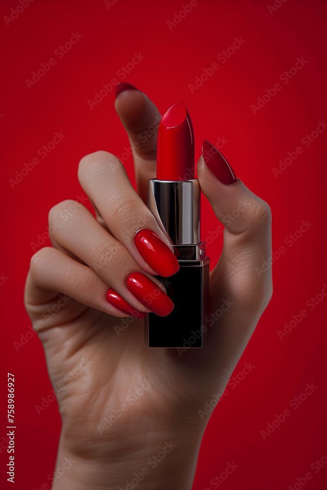 Woman's hand with red manicure holding lipstick against red background for beauty industry ads. Woman's hand with red manicure holding lipstick against red background for beauty industry ads.