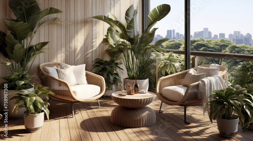 Urban Oasis, Rattan Lounge Chairs and Lush Greenery on a City Balcony