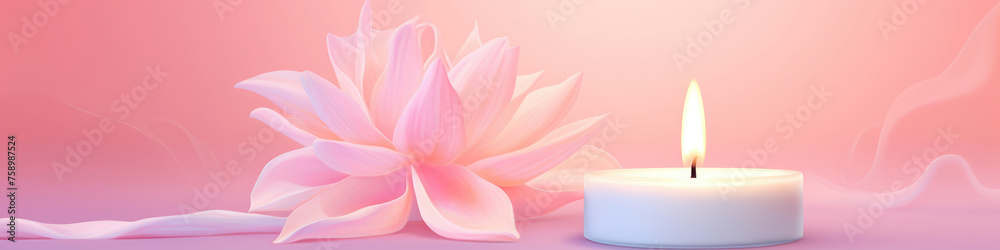 Lit candle next to a blooming pink lotus flower on a soft pink background, symbolizing tranquility.