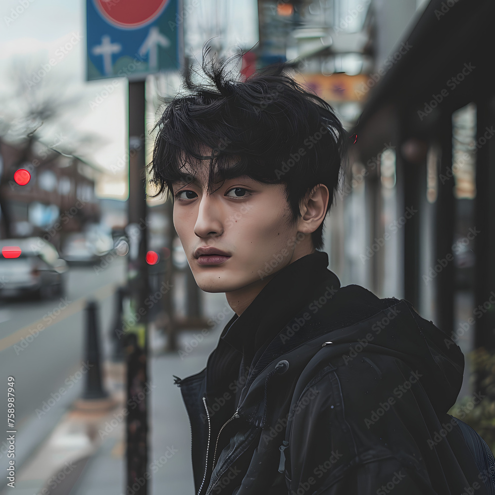 Dark-Haired Handsome Asian Boy Strolling on the Sidewalk with Urban Coolness Generative AI Dark-Haired Handsome Asian Boy Strolling on the Sidewalk with Urban Coolness Generative AI