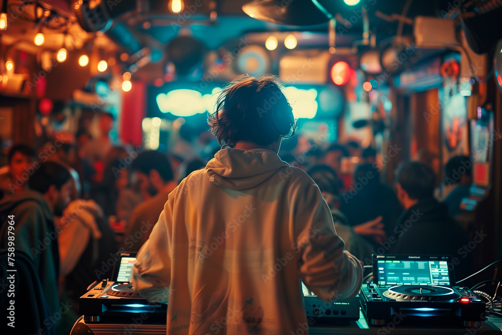 A DJ spinning records at a crowded dance club. A DJ is entertaining a crowd with music at a midnight city event