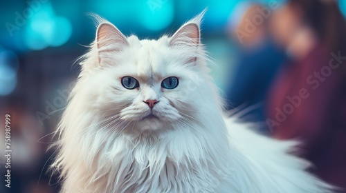 Cute white cat with blank copy space for text, pet animal gazing adorably at camera, stock photo