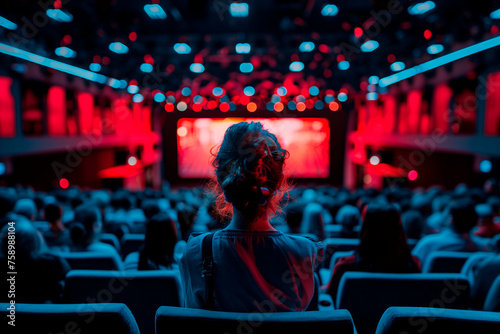 A person attending a film festival and watching a movie premiere. A woman is enjoying a movie in a magenta auditorium filled with a lively crowd photo