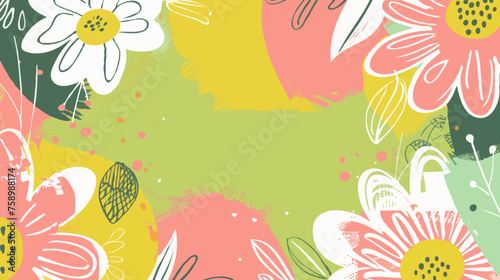 Cartoon floral frame flat lay background with copy space in cute pastel funky summer colors