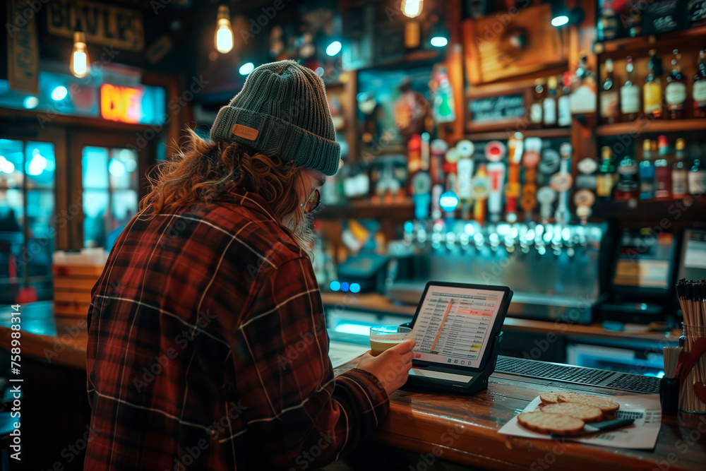 A person participating in a trivia night competition at a bar. A person in a plaid hat sits at the city bar, using a laptop in the darkness