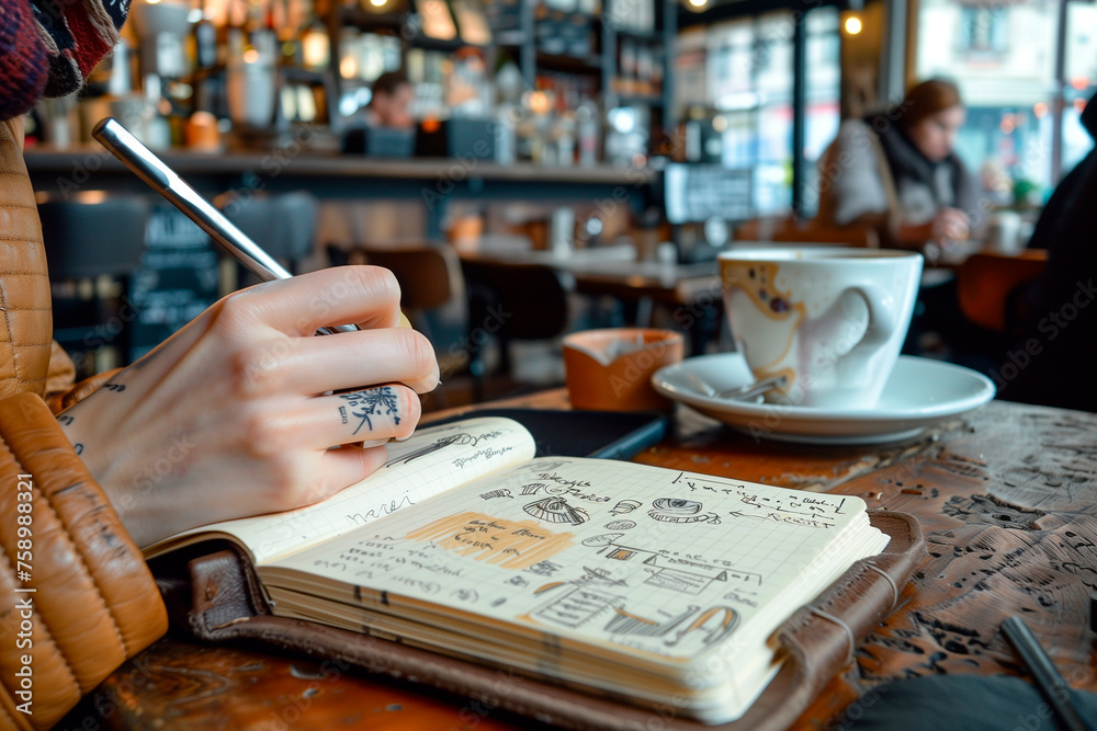 Fototapeta premium A person sketching in a notebook at a coffee shop. Sitting at table with coffee, writing in notebook