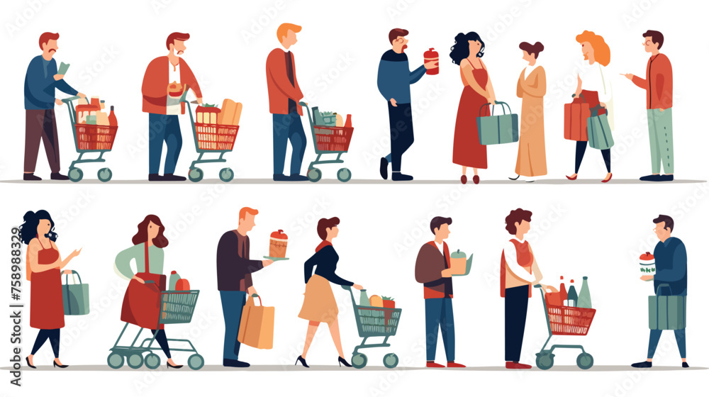 Men and women shopping queue with basket in supermarket