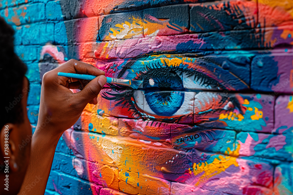Fototapeta premium A street artist painting a colorful mural on a brick wall. Hand painting azure eye with orange eyelash on wall, creating art graffiti