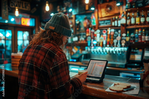 A person participating in a trivia night competition at a bar. A person in a plaid hat sits at the city bar, using a laptop in the darkness