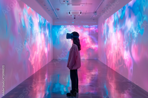 A person exploring a virtual reality art installation at an art gallery. a woman is wearing a virtual reality headset in a museum photo